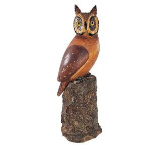 Hand-Carved Wooden Owl Figurine On Tree Stump Detailed Folk Art Vintage Bird